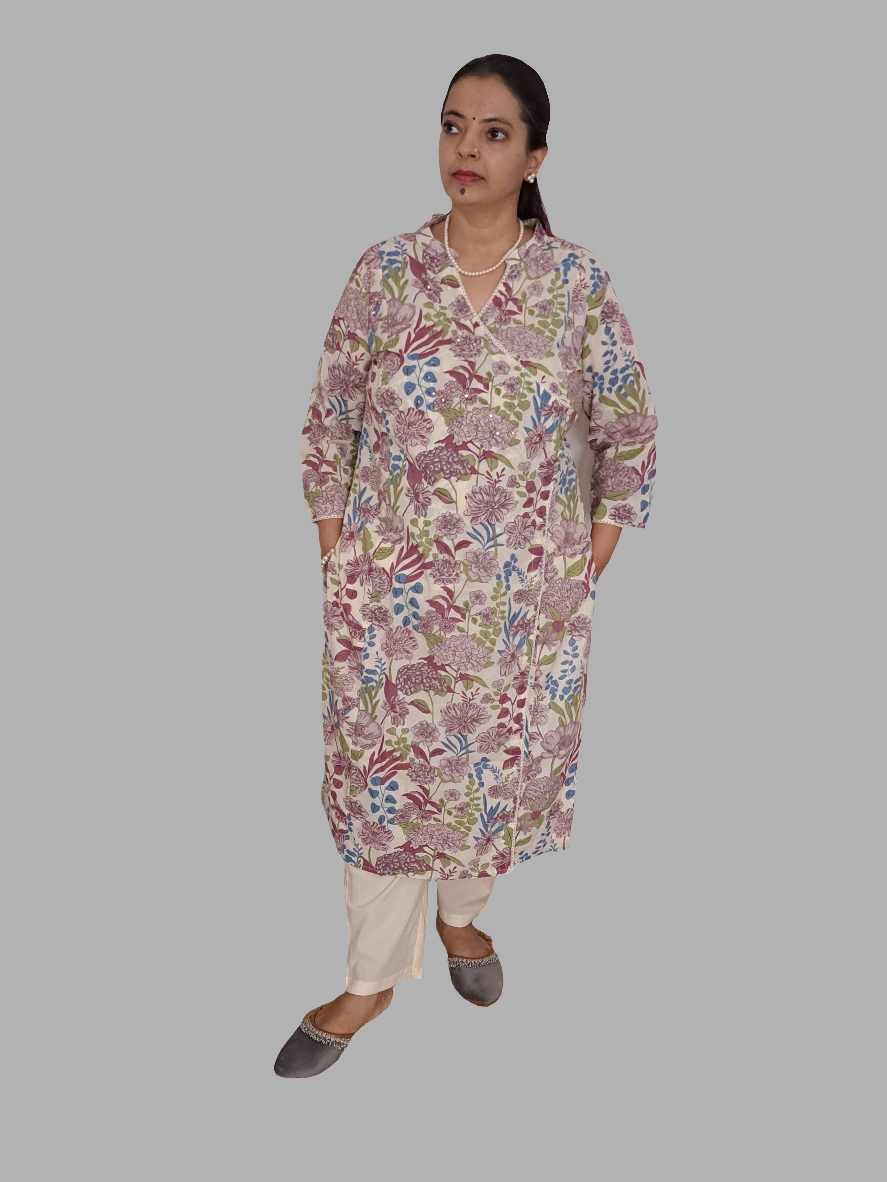 Lavender Elegance: Floral Purple Cotton Angarkha Set