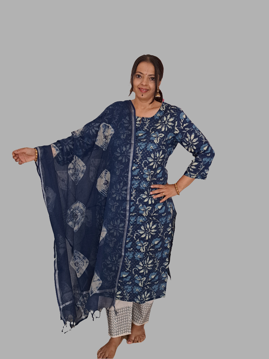 Blue and beige kurta pant set with kota doria dupatta