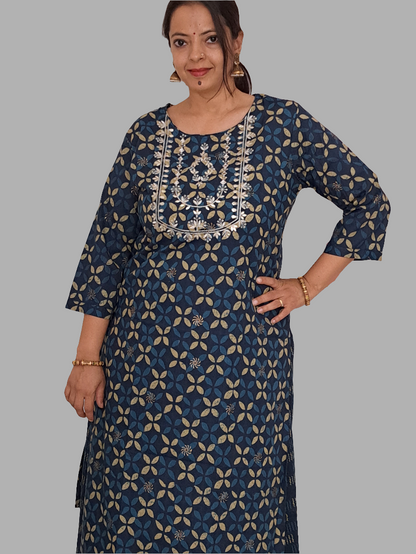 Midnight Elegance: Blue Kurta Palazzo Set with Gotta Patti Yoke