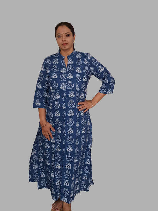 Blossom Breeze: Blue and White Floral Long Kurti