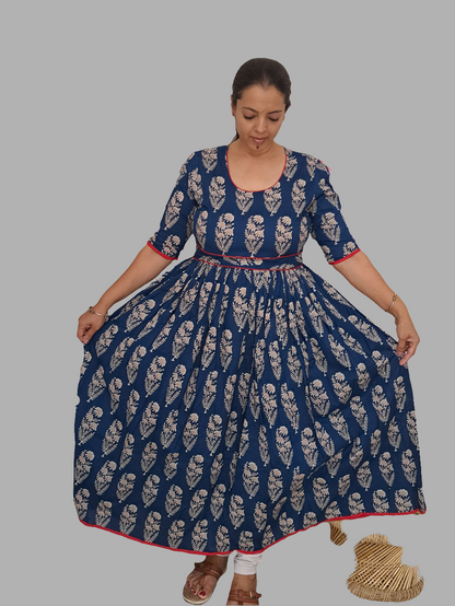 Rhapsody in Blue: Blue and Red Cotton Long Ethnic Dress with Side Pocket