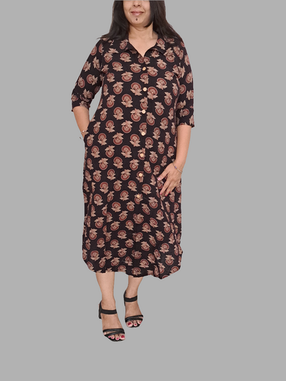 Black Floral Shirt style cotton kurti