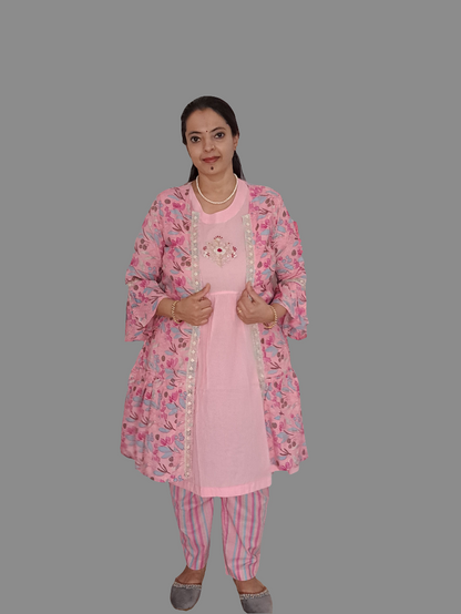 Enchanting Blush: Cotton Pink 3-Piece Shrug Co-ord Set with Hand Embroidery