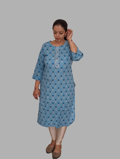 Sky Elegance: Sky Blue Cotton Kurti with Gotta Patti Work