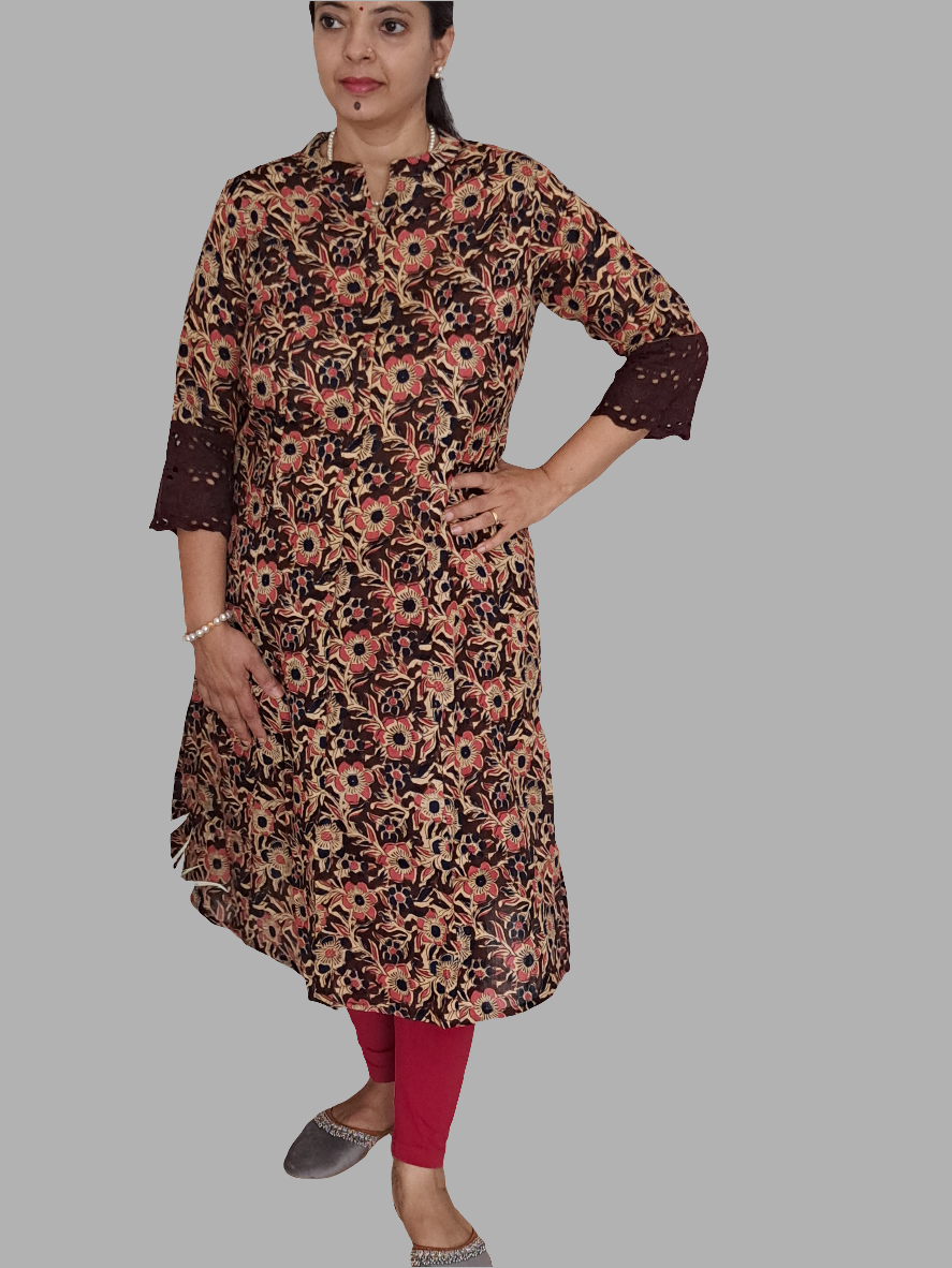 Nature's Hues: Brown & Blue Floral A-Line Kurti with pockets