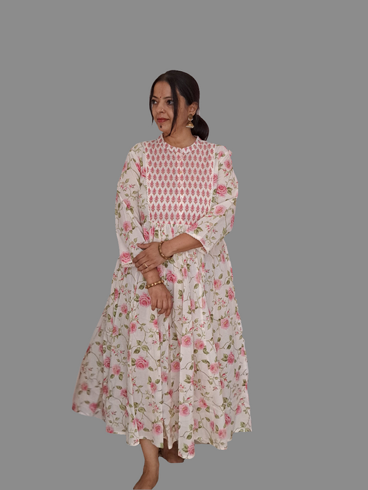 Blooming Petals: Off White and Pink Floral Soft Cotton Frock with Yoke and 3/4 Sleeve