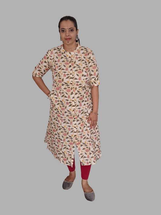 Graceful Harmony: Grey and Pink A-Line Cotton Flex Kurti