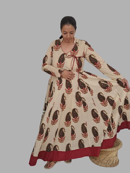 Majestic Splendor: Beige and Maroon Long Ethnic Dress