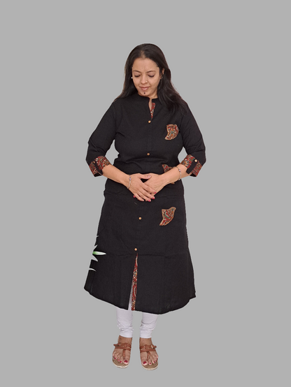 Black Patchwork Cotton Kurti with Pocket