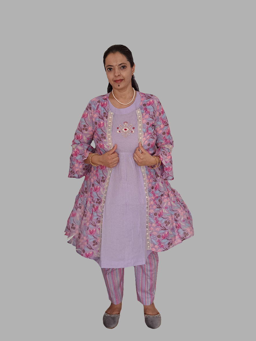 Regal Amethyst: Cotton Purple 3-Piece Shrug Co-ord Set with Hand Embroidery