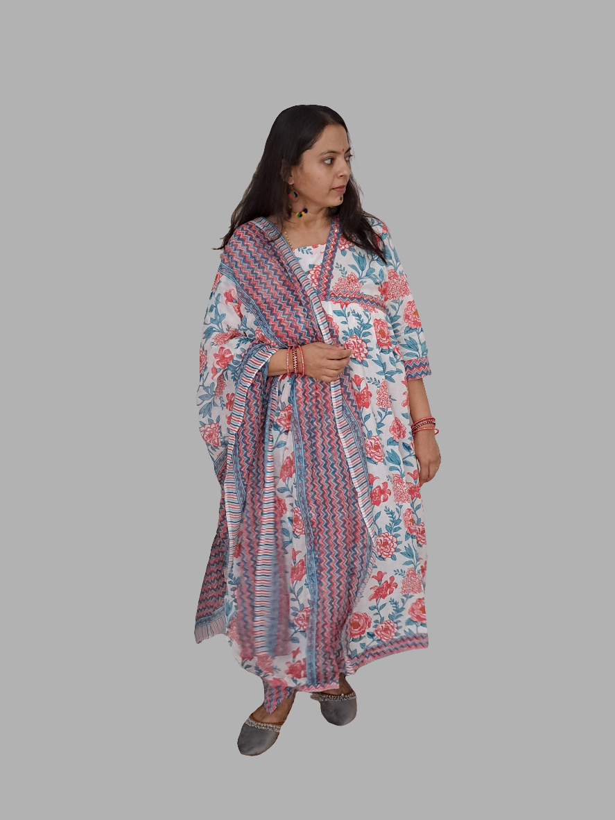 Floral Bliss: Pink Pure Cotton Alia Cut Kurta Pant and Dupatta Set