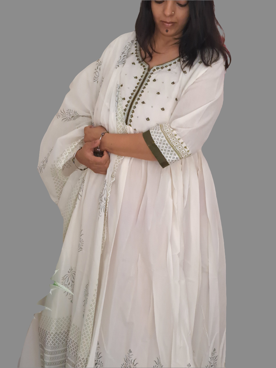 Enchanting Hues: White and Mehandi Green Long Cotton Dress with Mulmul Dupatta