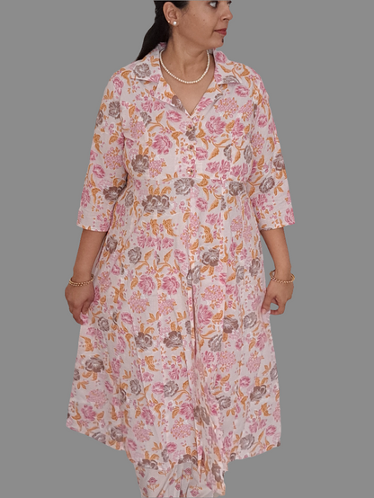 Blossom Chic: Floral Pink Cotton kurta pant Set