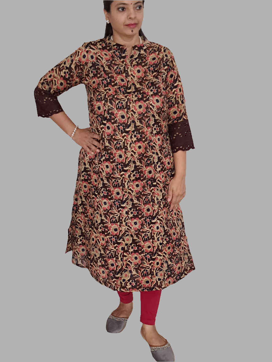 Nature's Hues: Brown & Blue Floral A-Line Kurti with pockets