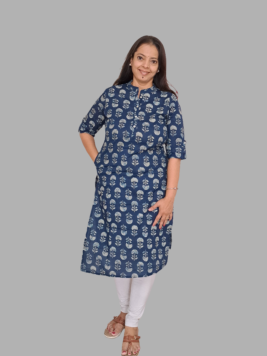 Floral Bliss: Blue and White Cotton Kurti