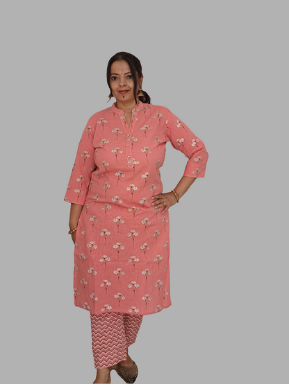 Pearl Essence: Pink Cotton Kurta Pant Set with Pearl Buttons