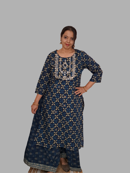 Midnight Elegance: Blue Kurta Palazzo Set with Gotta Patti Yoke