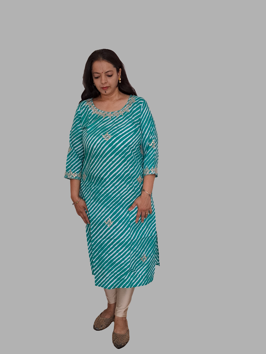 Azure Waves: Sea Blue Cotton Lehriya Kurti with Gotta Patti Work