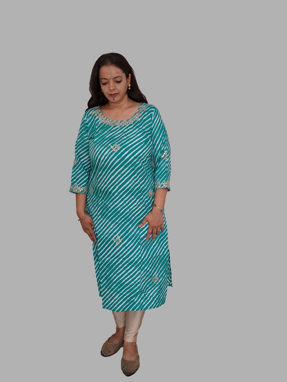 Azure Waves: Sea Blue Cotton Lehriya Kurti with Gotta Patti Work