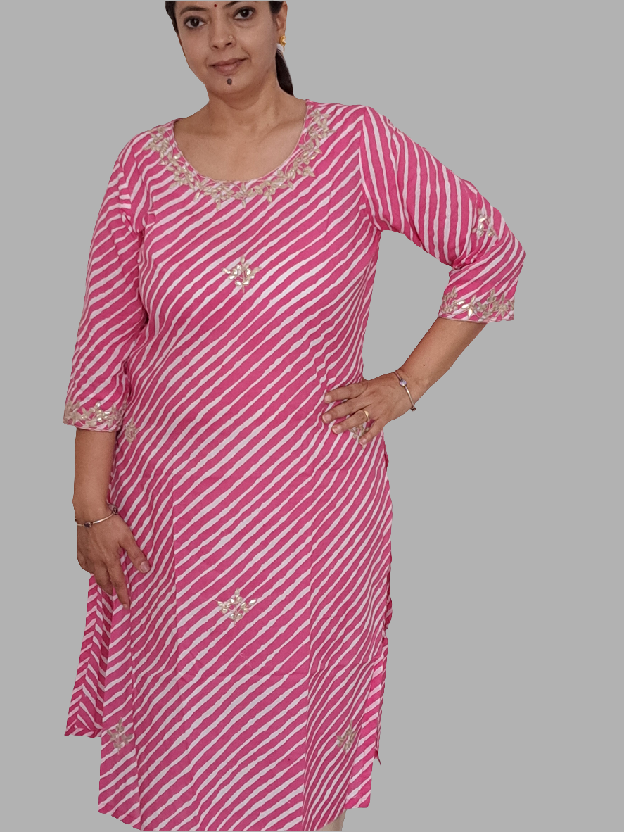 Luminous Drapes: Pink Lehriya Cotton Kurti with Gotta Patti Work