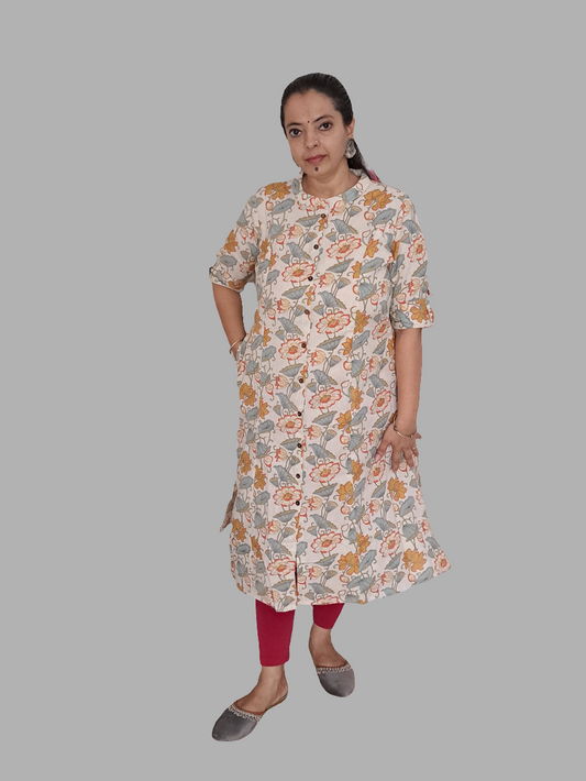 Tropical Blooms: Orange and Green Floral A-Line Cotton Flex Kurti