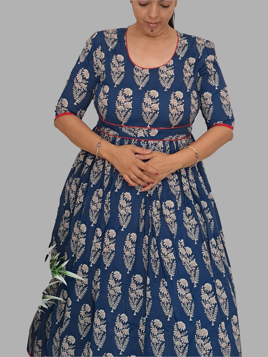 Rhapsody in Blue: Blue and Red Cotton Long Ethnic Dress with Side Pocket