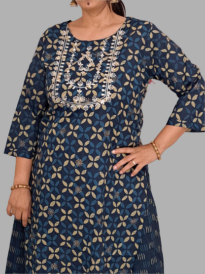 Midnight Elegance: Blue Kurta Palazzo Set with Gotta Patti Yoke