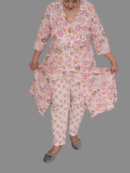 Blossom Chic: Floral Pink Cotton kurta pant Set