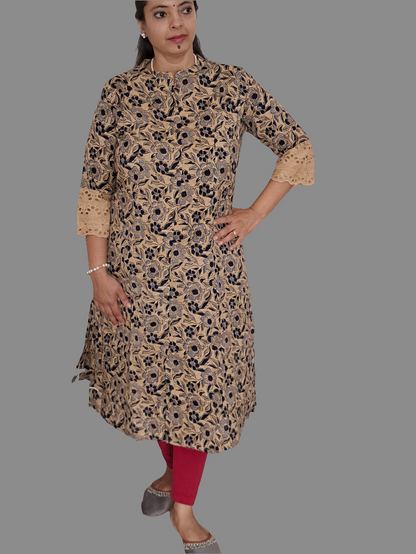 Breezy Botanics: Off White & Blue Floral A-Line Kurti with pockets