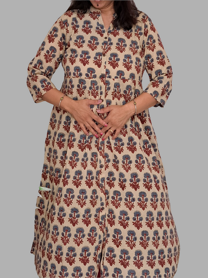 Burgundy Blooms: Beige Maroon Floral Kurti with Harem Pant