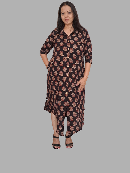 Black Floral Shirt style cotton kurti