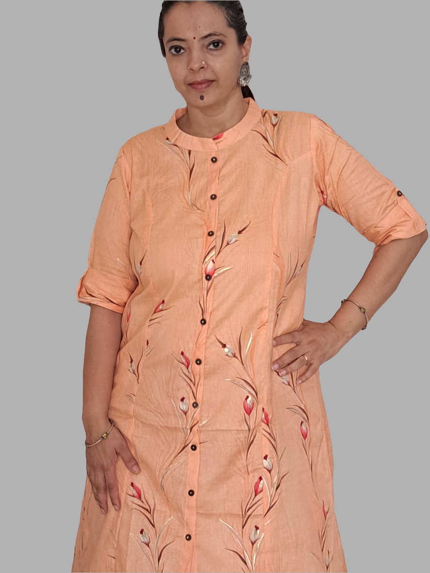 Peach Blossom: Floral A-Line Cotton Flex Kurti