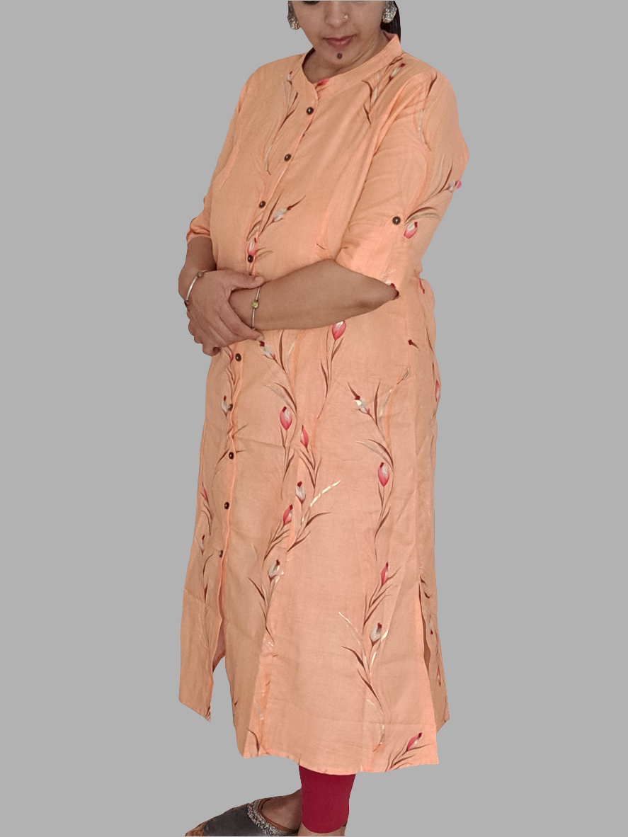 Peach Blossom: Floral A-Line Cotton Flex Kurti