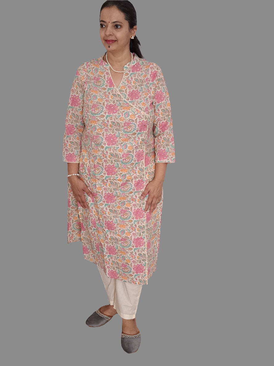 Rose Petal: Floral Pink Cotton Angarkha Set