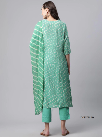 Verdant Grace: Green Chanderi Kurta Cotton Pant Set With Chiffon Leheriya Dupatta