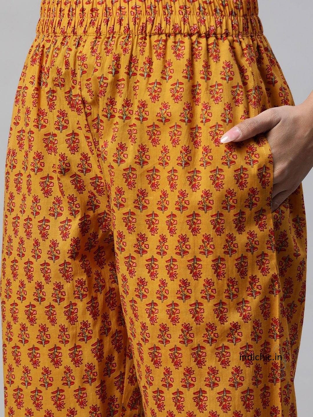 Sunflower Bloom: Mustard Cotton Floral Printed Kurta Pant Set