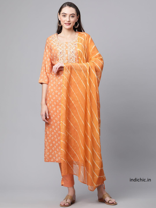 Citrus Splendor: Orange Chanderi Kurta Cotton Pant Set With Chiffon Leheriya Dupatta