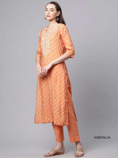 Citrus Splendor: Orange Chanderi Kurta Cotton Pant Set With Chiffon Leheriya Dupatta