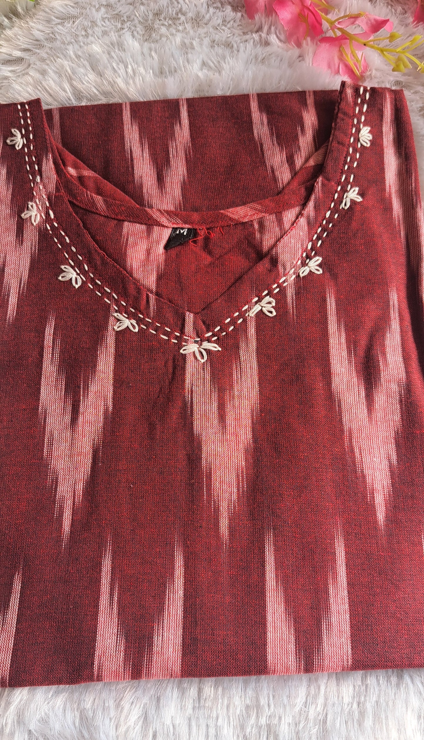 Dark red Ikkat cotton short top with thread work on neck