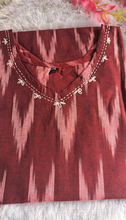 Dark red Ikkat cotton short top with thread work on neck