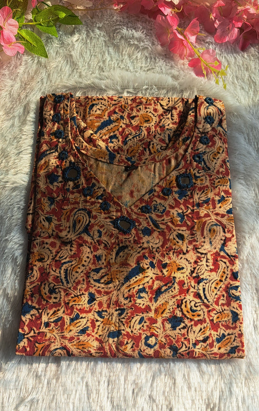 Mustered and red kalamkari cotton short top with mirror work