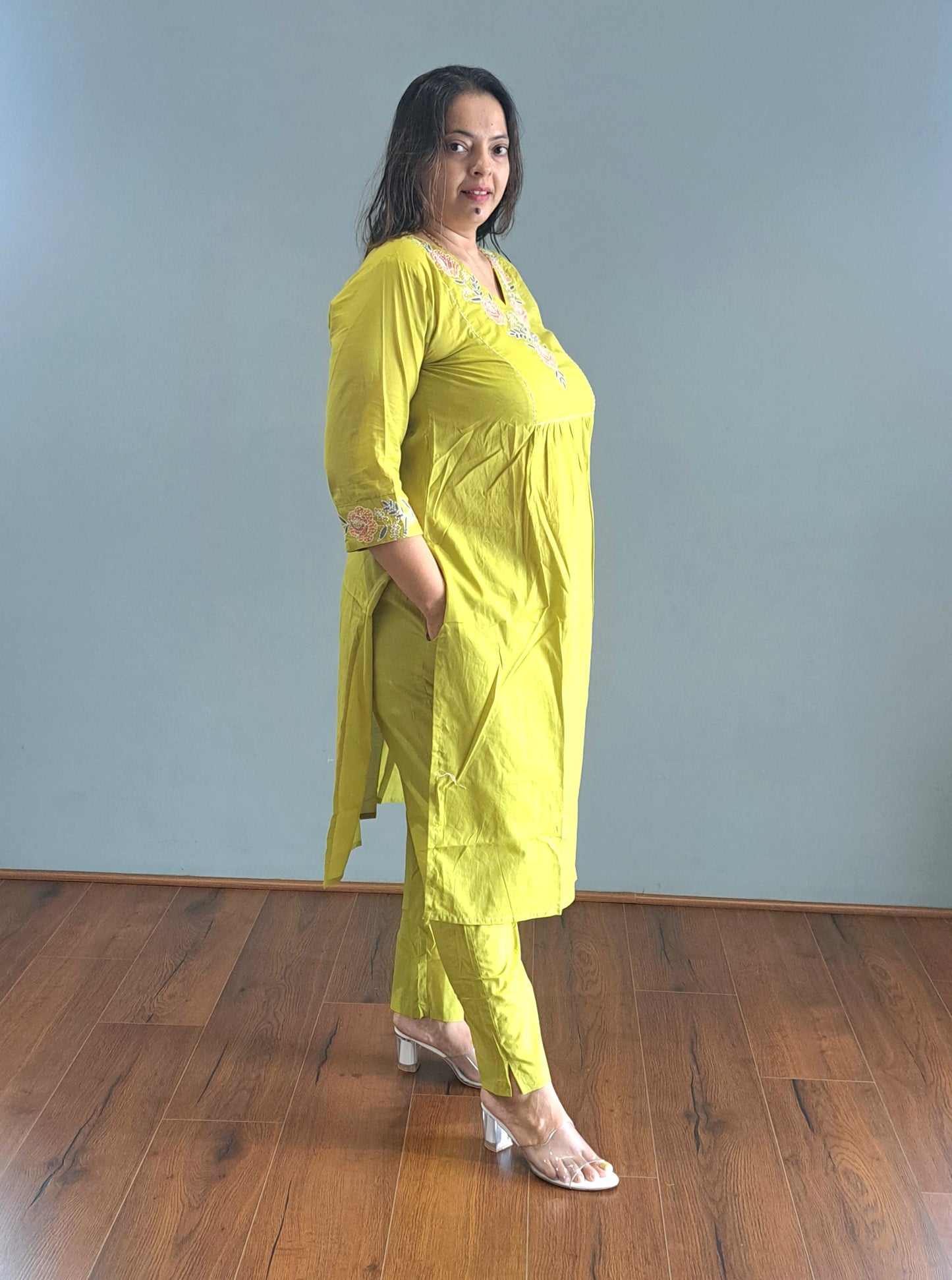 Neon green embroidered cotton suit set for woman