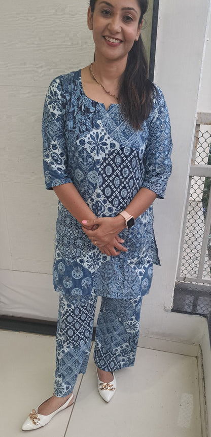 Blue and white floral Kantha cotton coords