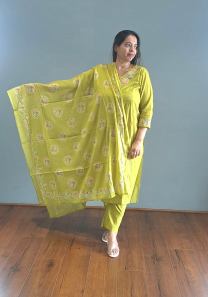 Neon green embroidered cotton suit set for woman