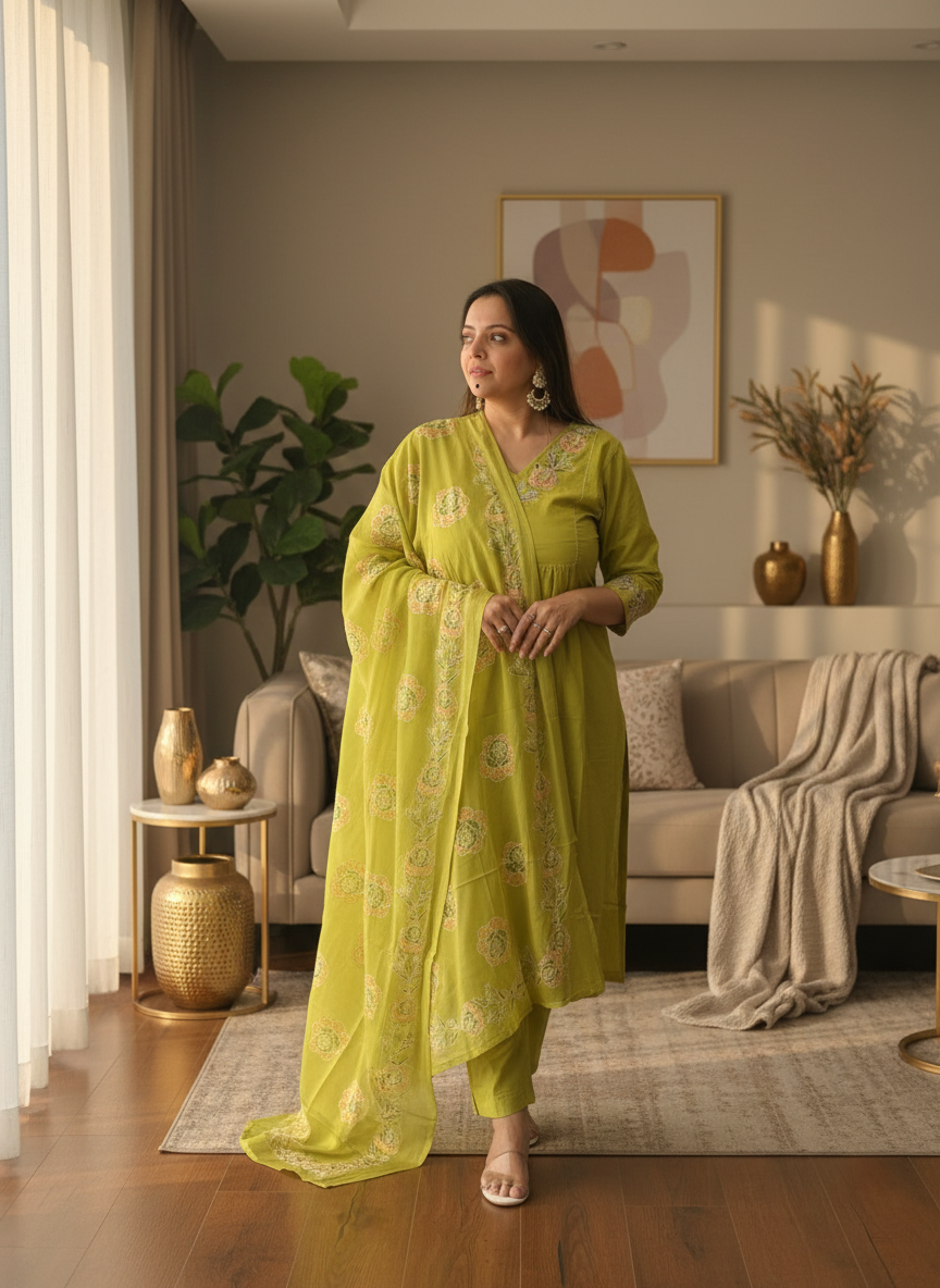 Neon green embroidered cotton suit set for woman