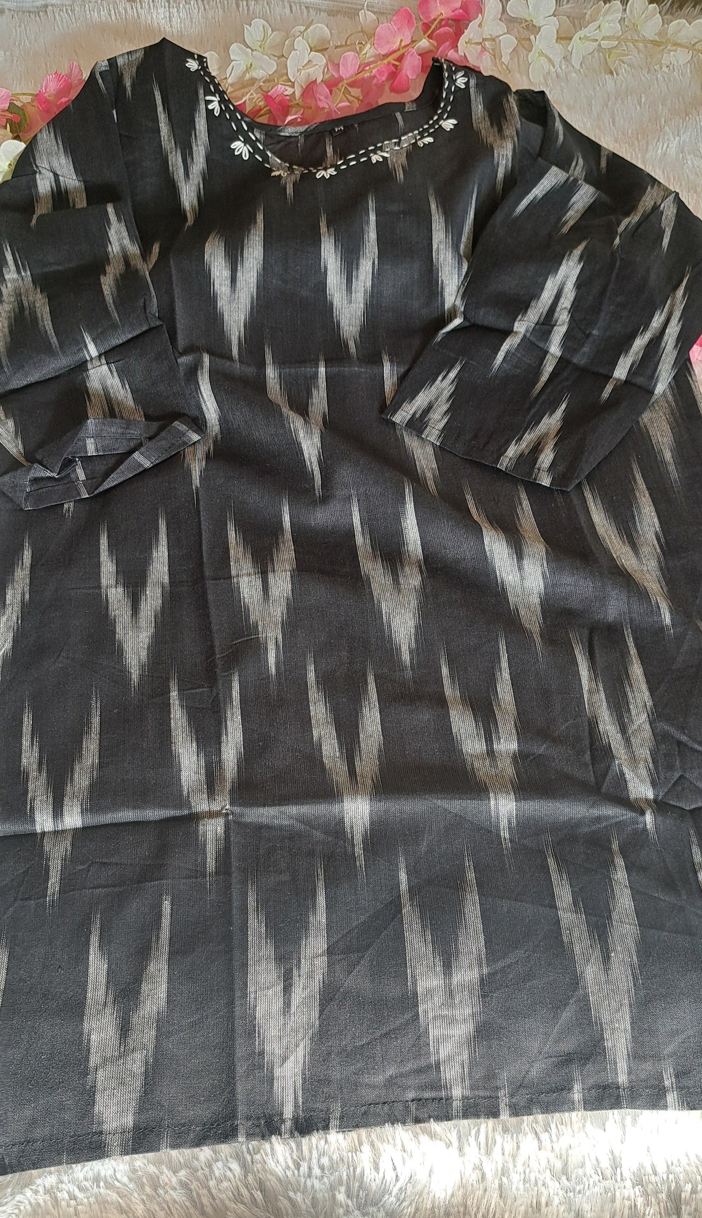 Black Ikkat cotton short top with thread work on neck