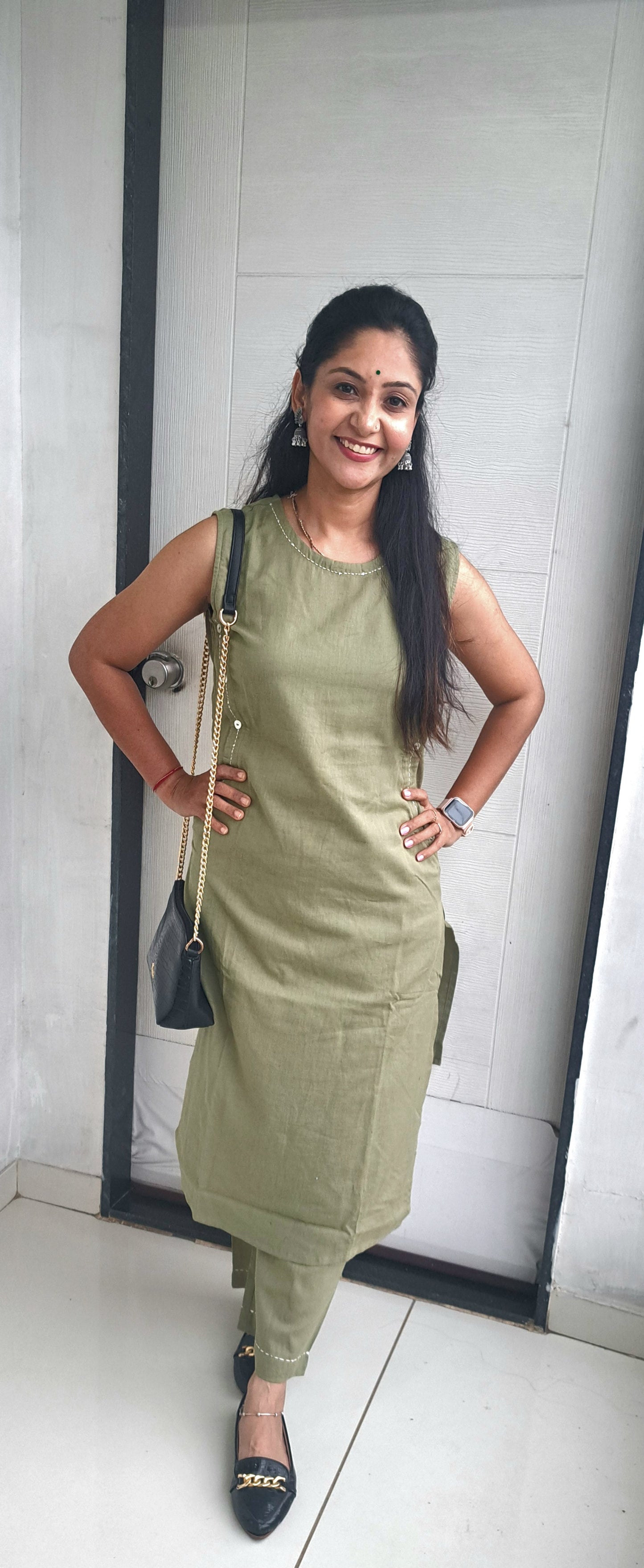 Plain green cotton flax straight cut coords