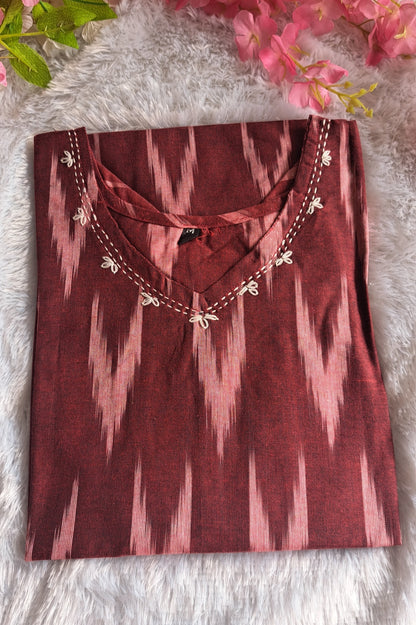 Dark red Ikkat cotton short top with thread work on neck