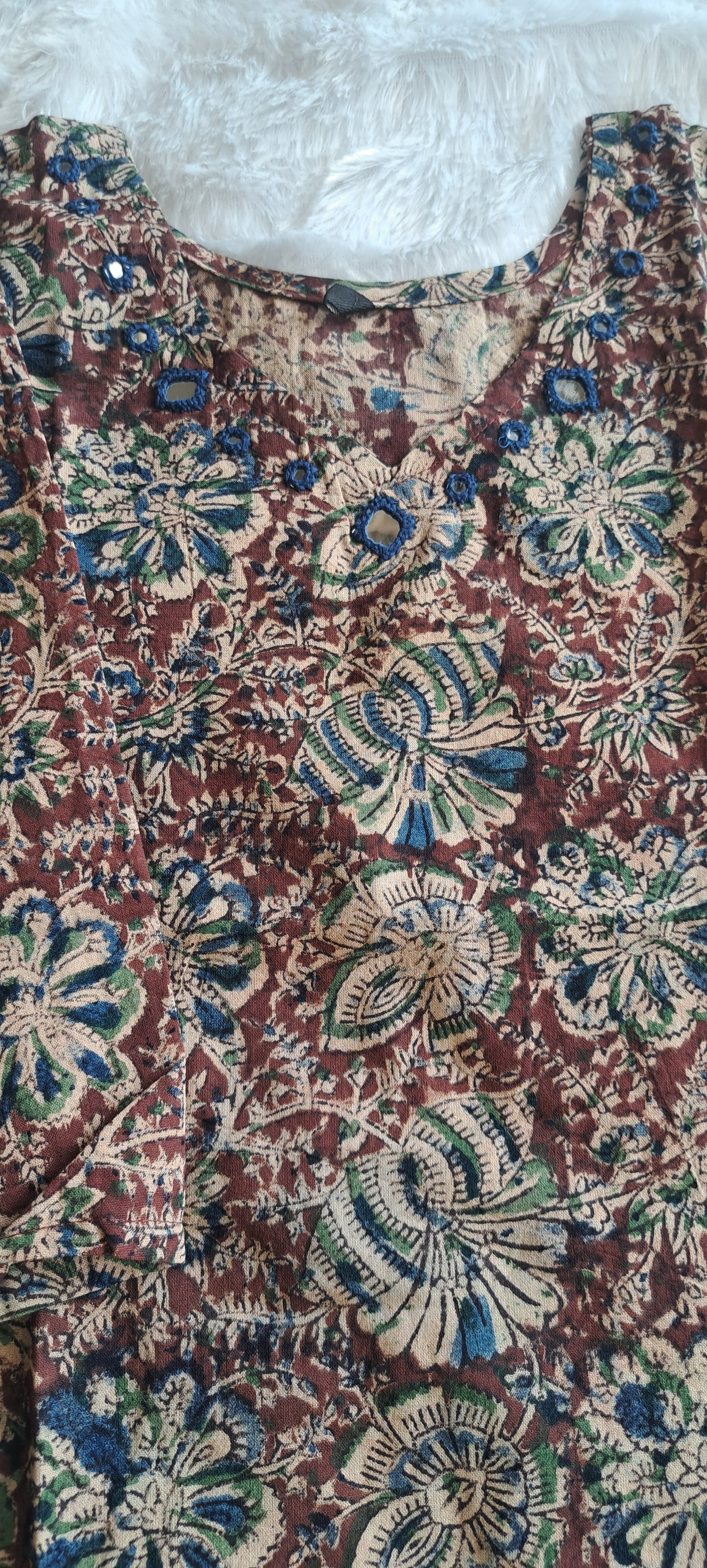 Dark coffee kalamkari cotton short top with mirror work