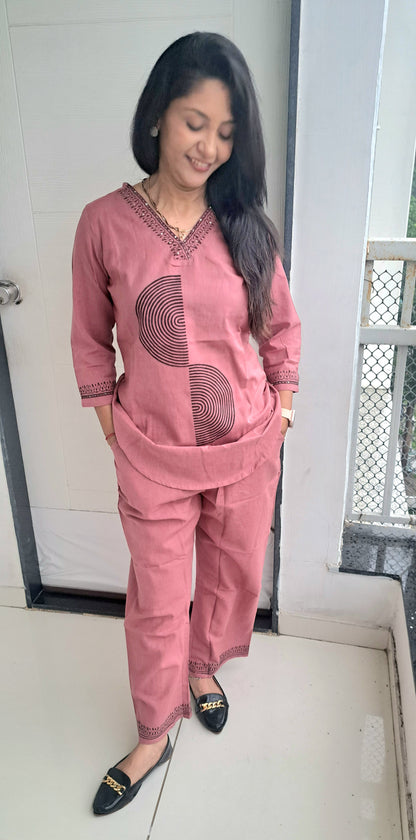 Pink cotton flax coords with block prints